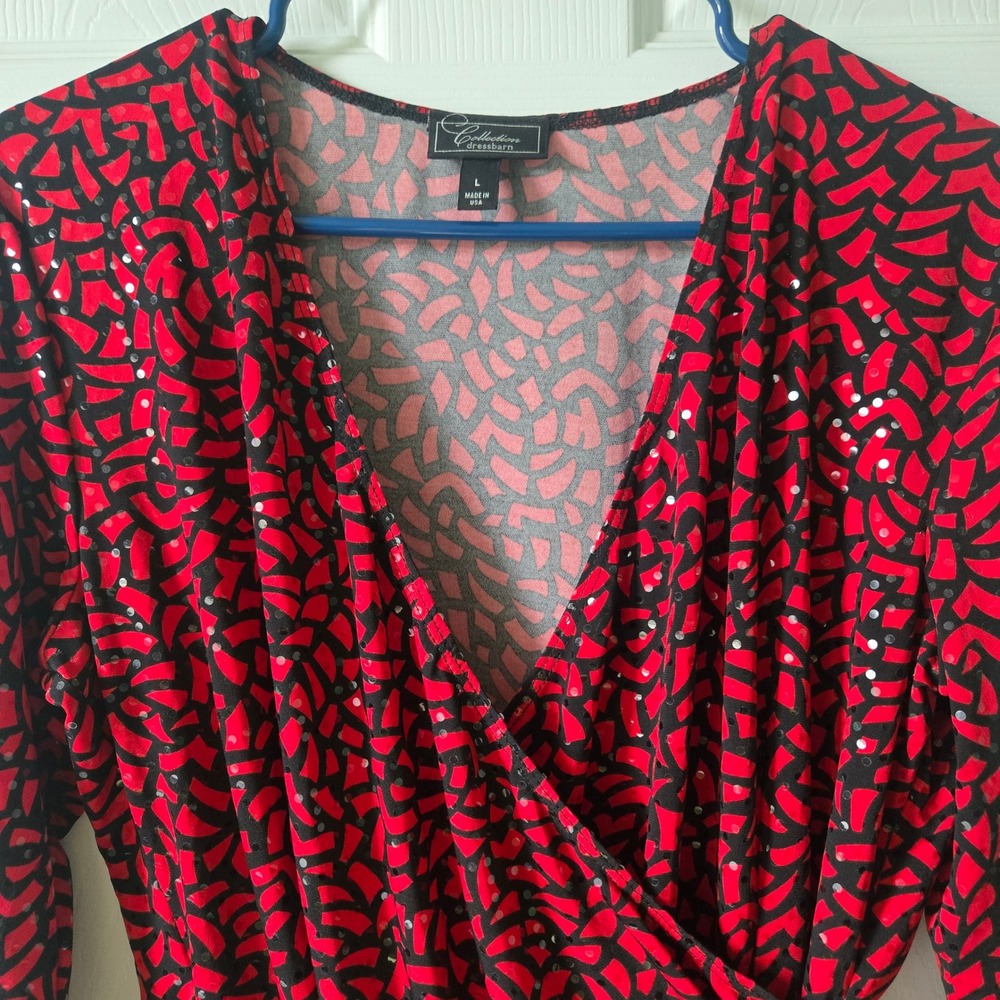 Dressbarn Collection Red Black Sequin Beaded Wrap Blouse V-Neck 3/4 Sleeve Large